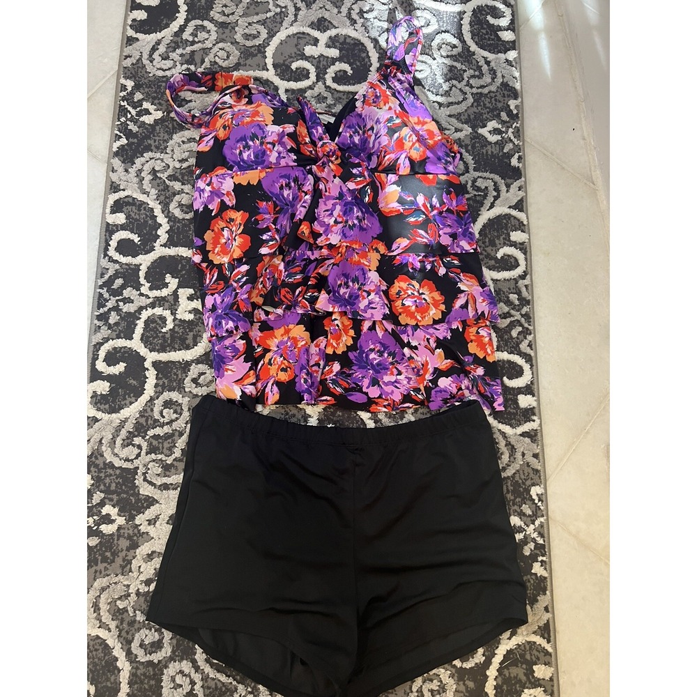 Avenue Floral Ruffle Tankini Set Pink Purple Top 22W Bottom 18W